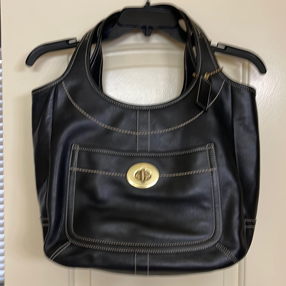 Coach Ergo Black Leather Multicolor Legacy LG Travel Tote Bag Purse 10744
